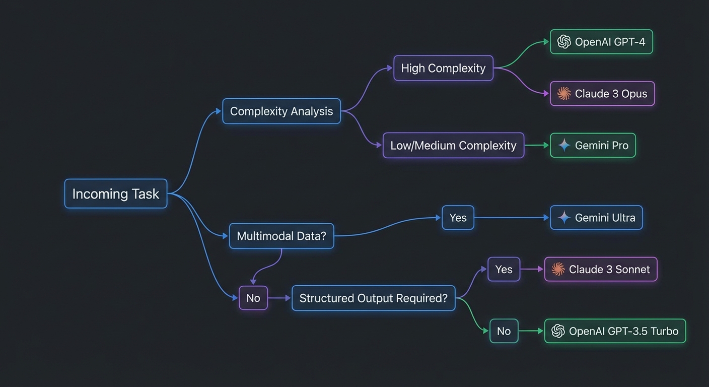 Decision framework flowchart for selecting between OpenAI Claude Gemini models based on task type dark