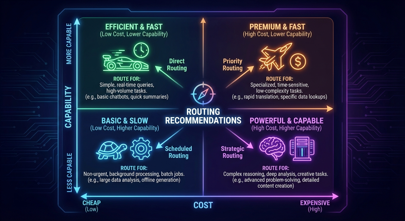 Model selection matrix showing task complexity vs cost tradeoff with provider recommendations in each quadrant dark