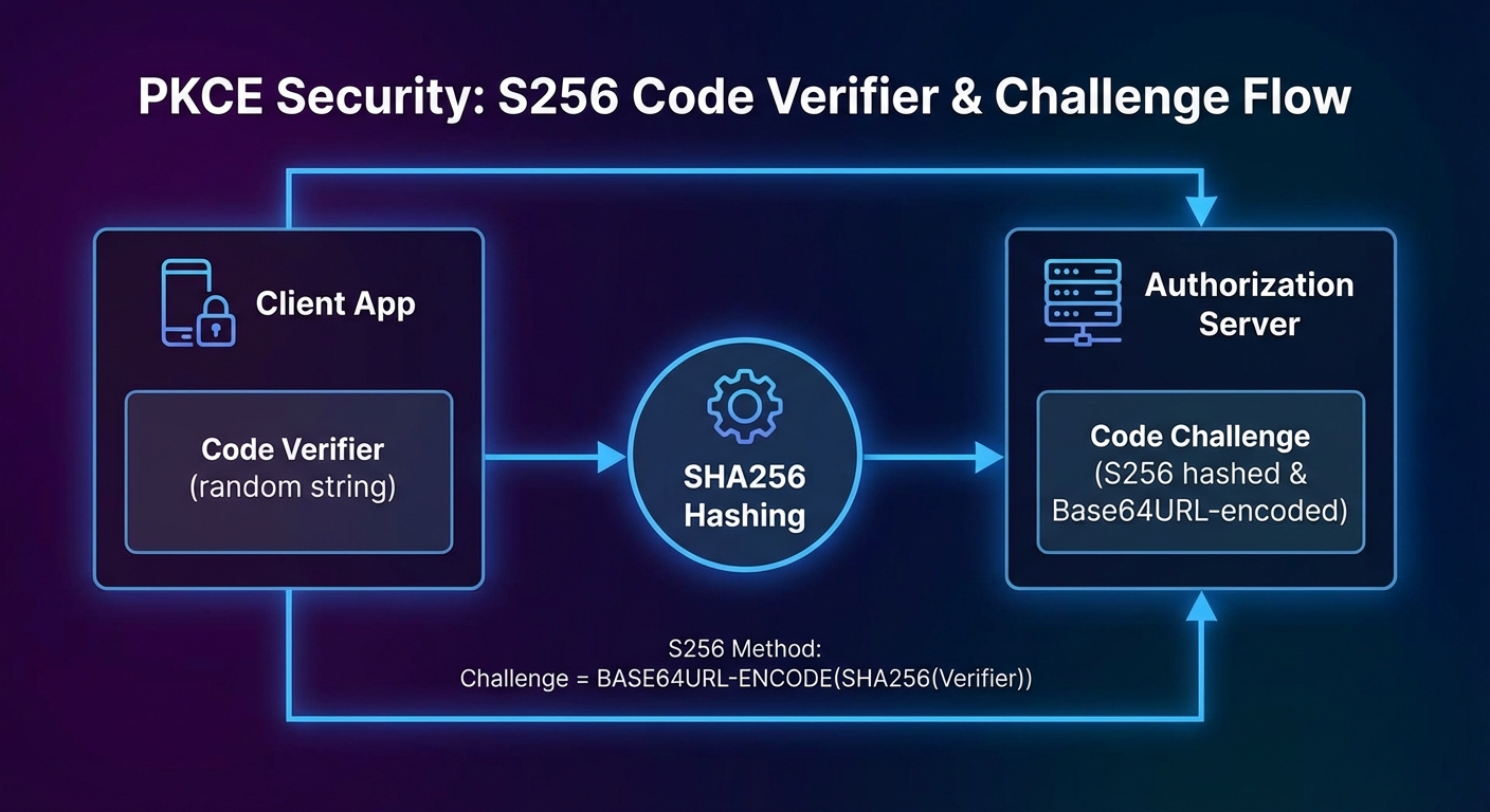PKCE code verifier challenge generation flow SHA256 hashing base64url encoding diagram dark security