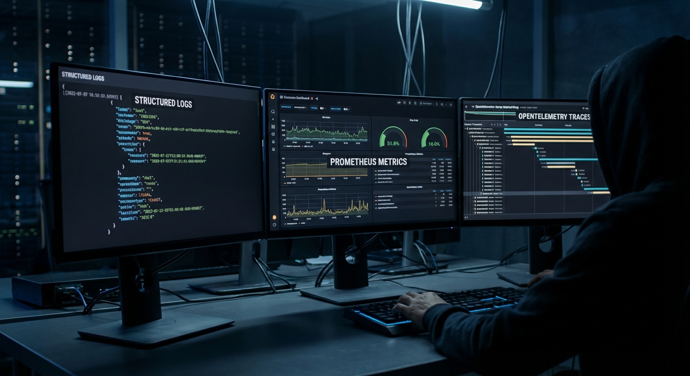 MCP observability stack diagram showing logs metrics traces flowing to dashboards Prometheus Grafana OpenTelemetry dark