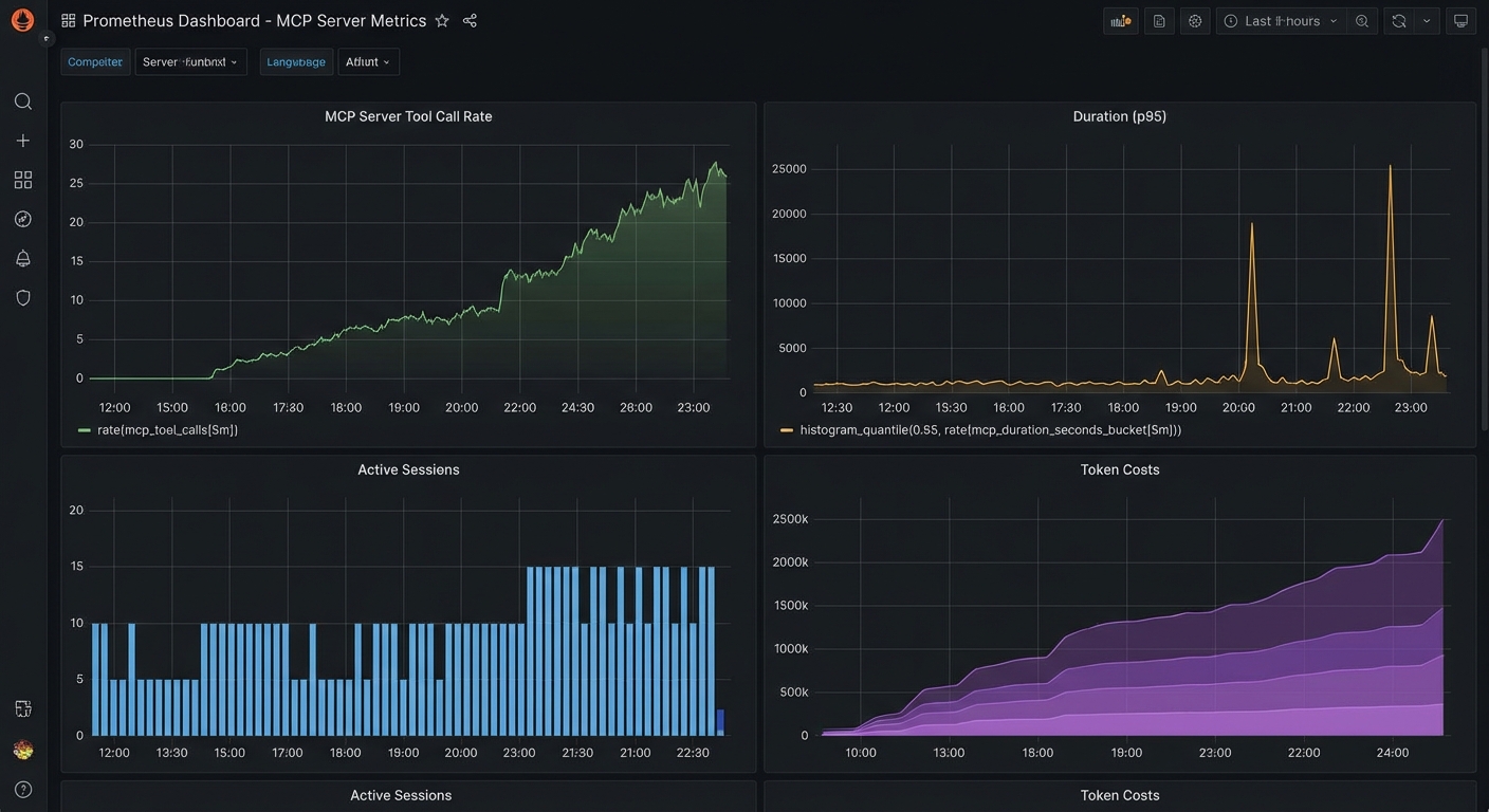 Prometheus metrics dashboard for MCP server showing tool call rate duration active sessions token costs dark
