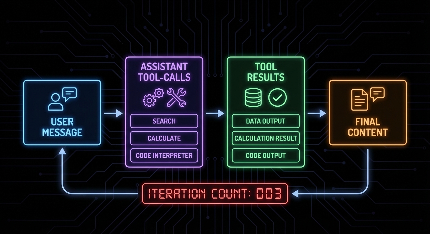 OpenAI tool calling loop diagram showing messages array building up with tool calls and results dark