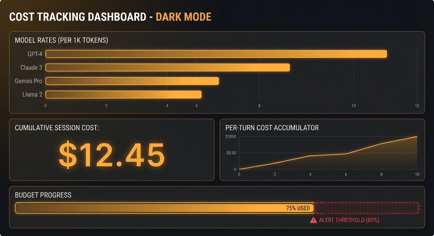 OpenAI cost tracking dashboard showing per-model token costs budget control and usage metrics dark