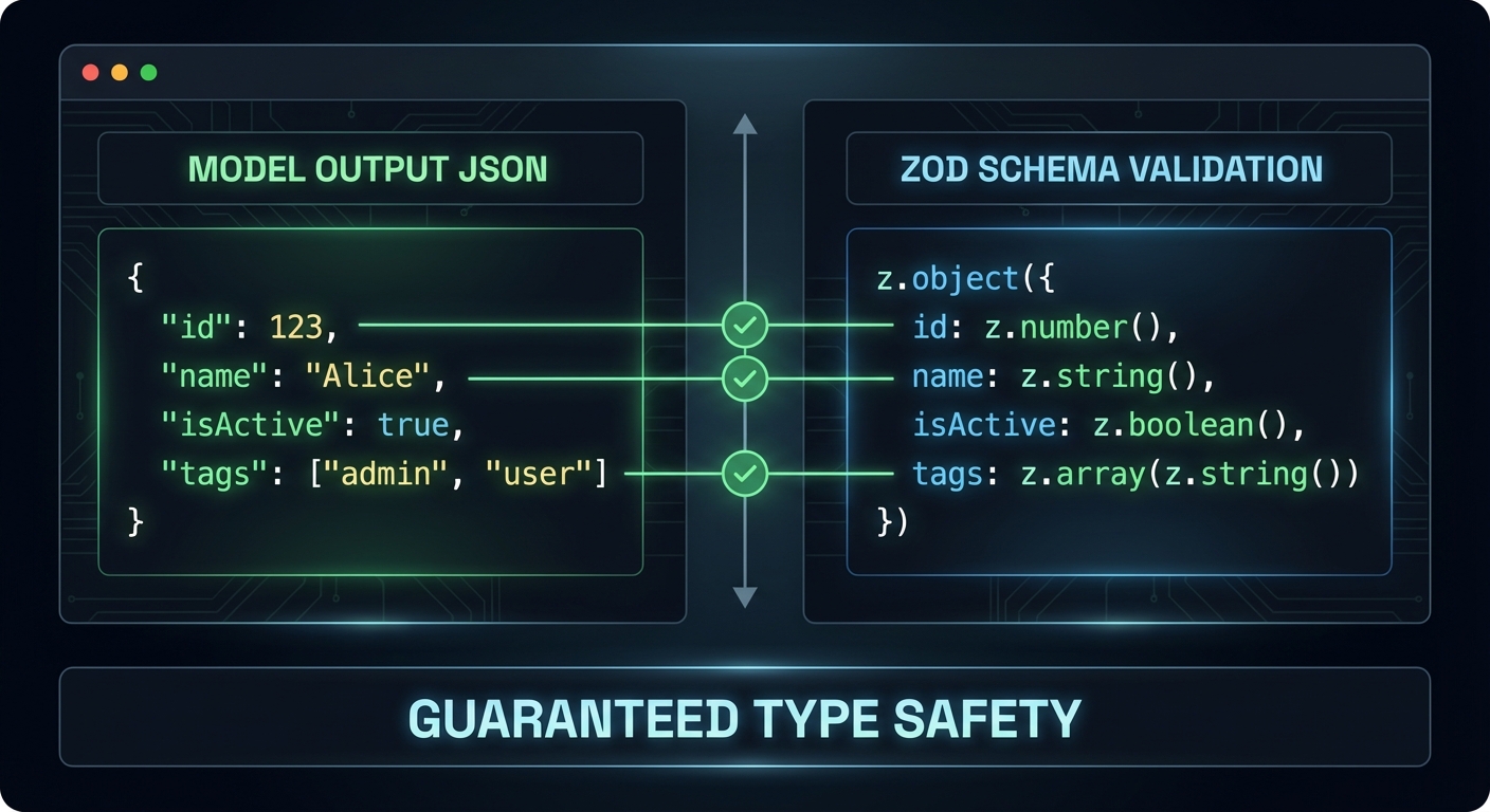 OpenAI structured output schema enforcement showing response json conforming to zod schema dark