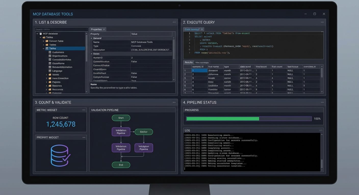 Four database MCP tools list_tables describe_table execute_query count_rows with safety validation dark