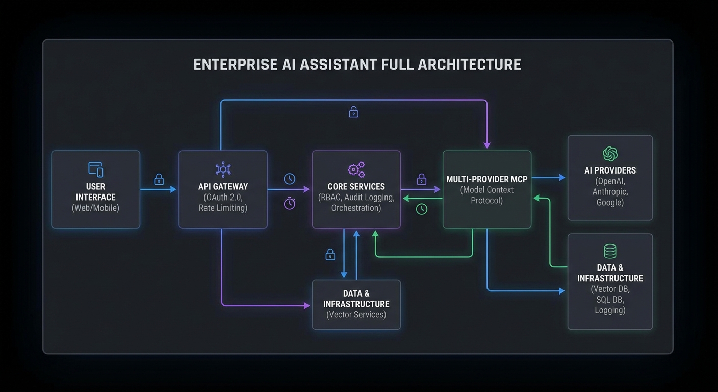 Enterprise AI assistant full architecture OAuth RBAC audit logging rate limiting multi-provider MCP dark