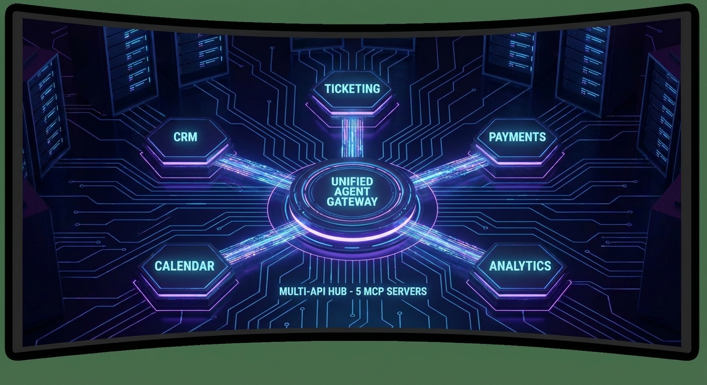 Multi-API hub architecture five MCP servers CRM ticketing payments calendar analytics unified gateway dark