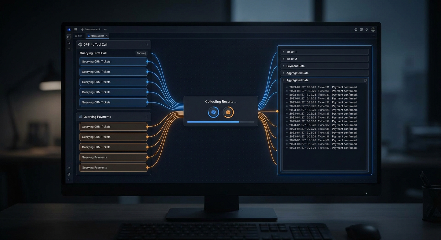 Multi-server query flow OpenAI calling tools from CRM tickets payments in parallel collecting results dark