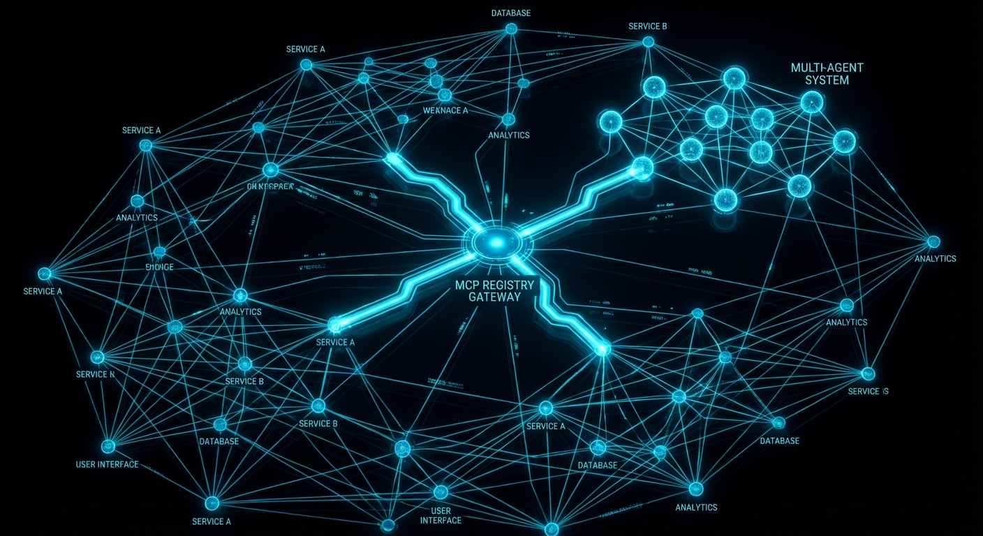 Enterprise MCP platform architecture - registry, gateway, agents, dark minimal