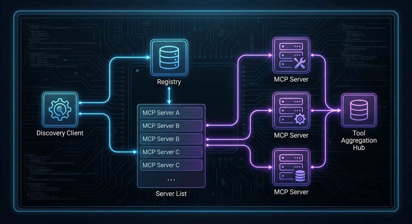 Discovery client connecting to registry fetching server list connecting to multiple MCP servers aggregating tools dark
