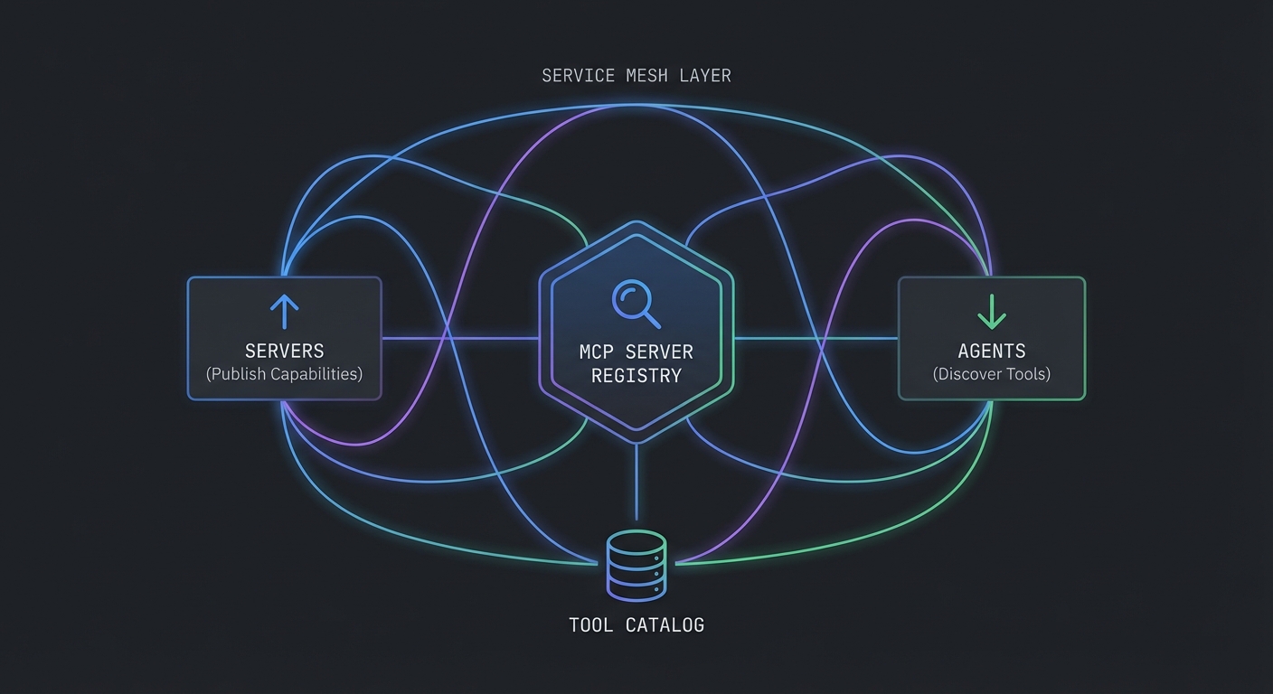 MCP server registry diagram servers publishing capabilities agents discovering via registry service mesh dark