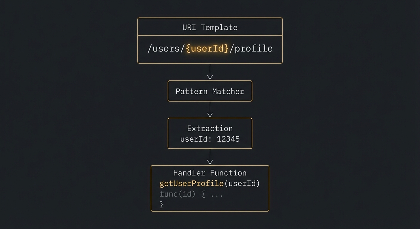 MCP resource templates showing URI pattern matching with parameters extracted and passed to handler