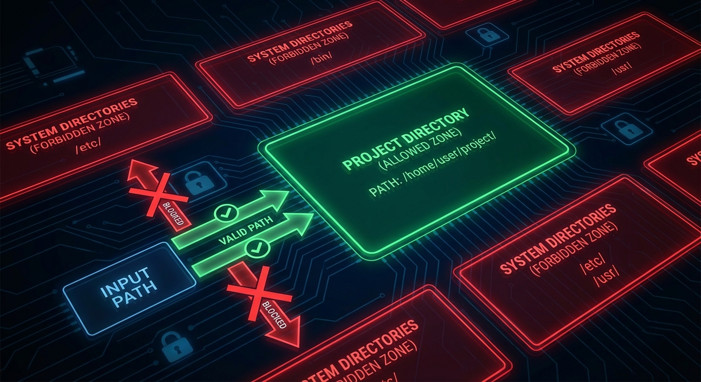 MCP roots boundary diagram showing project directory as allowed zone and system files as restricted zone dark