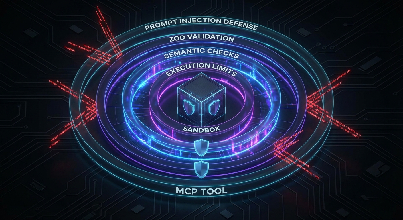 Tool safety layers diagram showing input validation execution limits sandboxing prompt injection defense dark