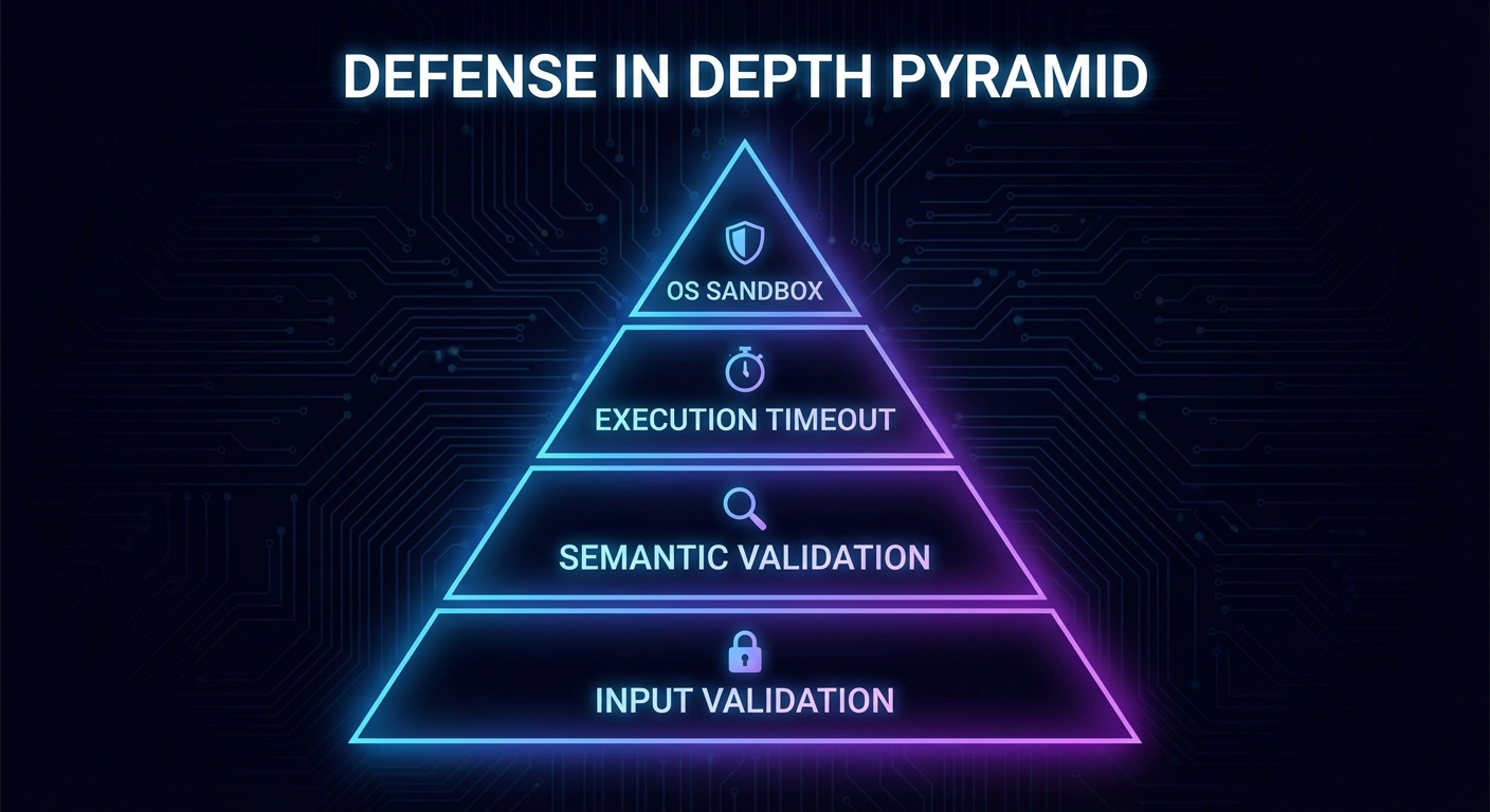 Defense in depth layers schema validation semantic validation execution limits sandbox isolation dark security
