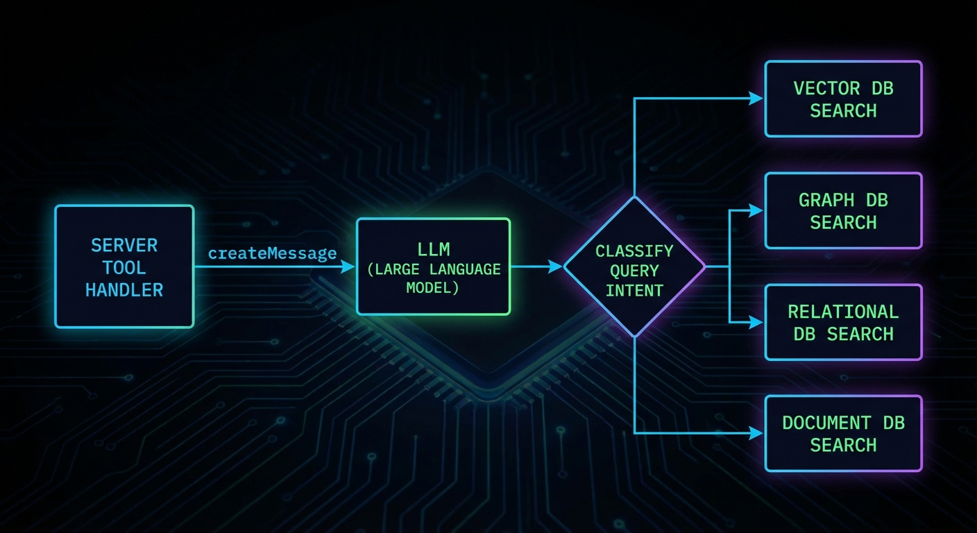 MCP server using sampling to reason about its own tool execution with request loop diagram dark