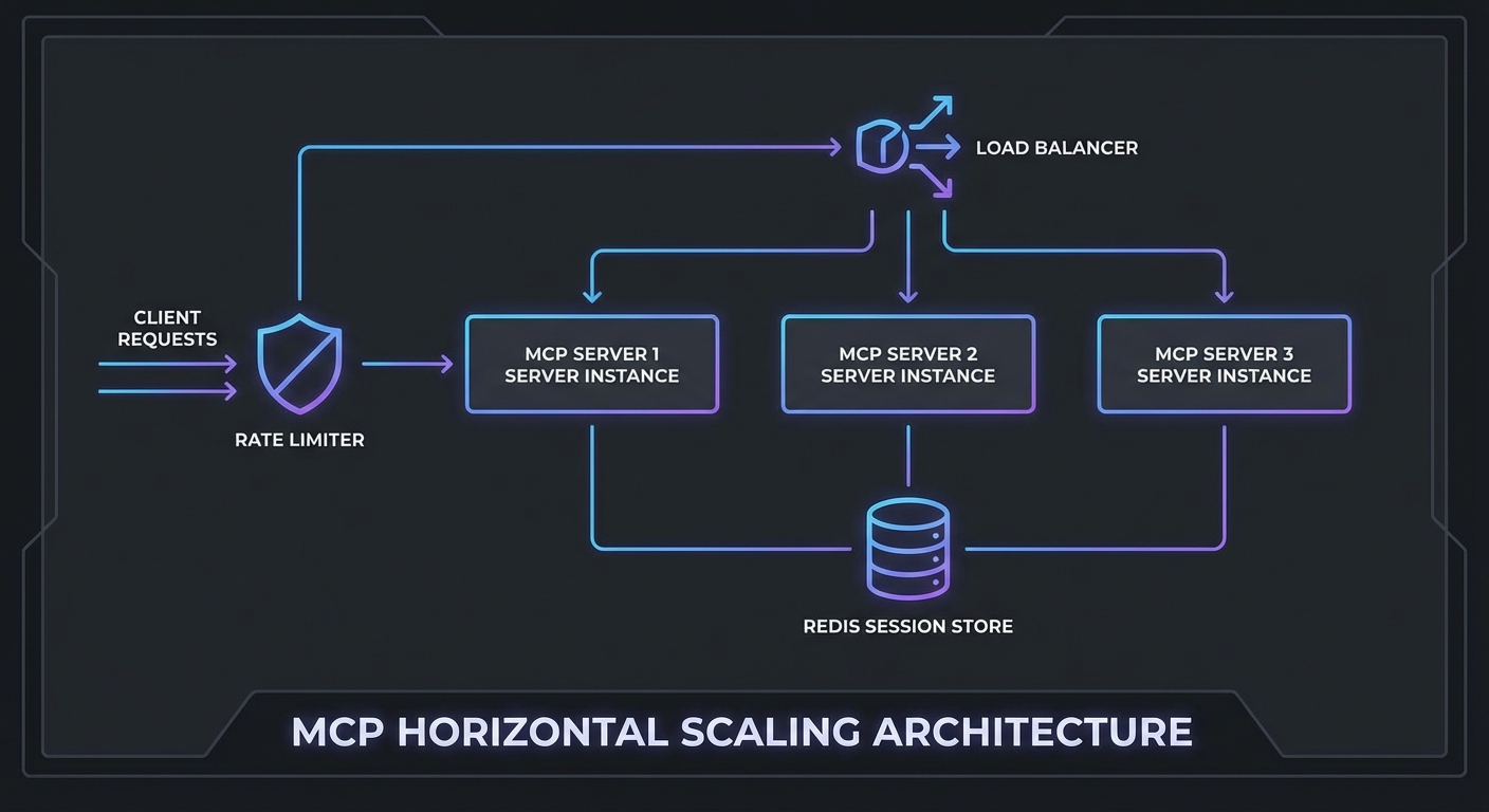MCP scaling architecture diagram load balancer multiple server instances Redis session cache rate limiter dark
