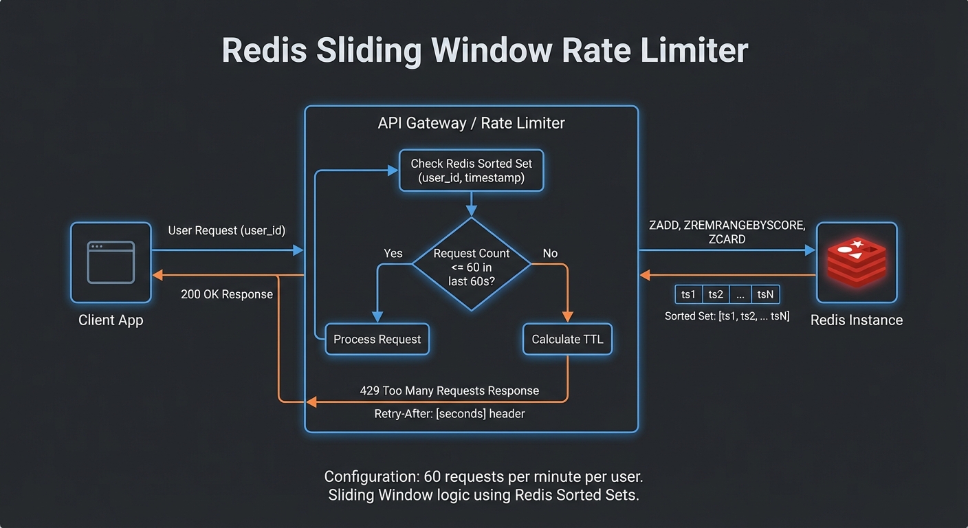 Rate limiting Redis sliding window per user request counter 429 response with Retry-After header dark diagram