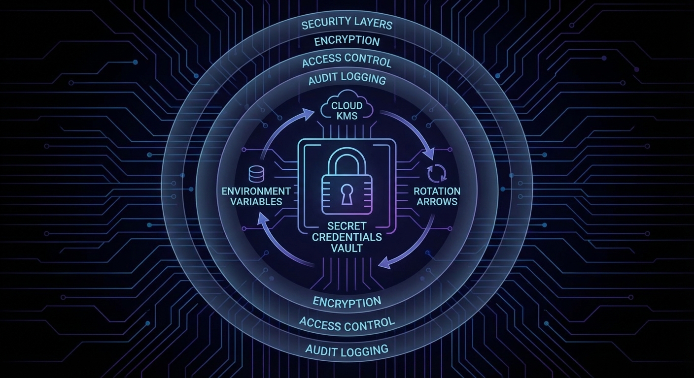 Secrets management layers diagram environment variables dotenv Vault cloud KMS rotation lifecycle dark