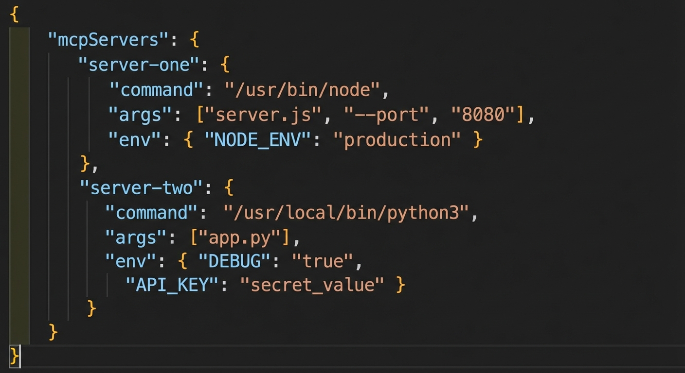 MCP server config file format with JSON showing mcpServers object with command args and env fields dark