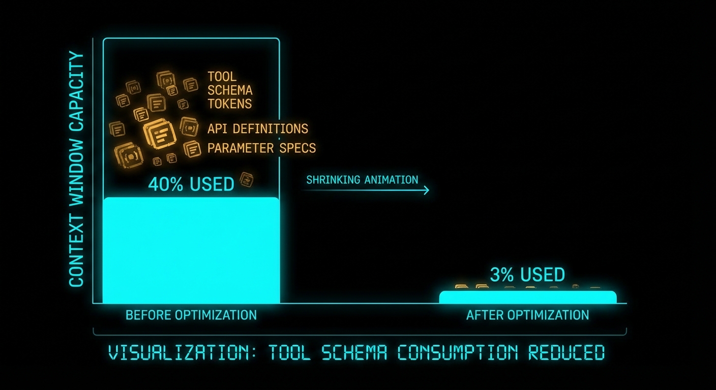 MCP token budget breakdown showing tool schemas consuming 40 percent of context window dark visualization