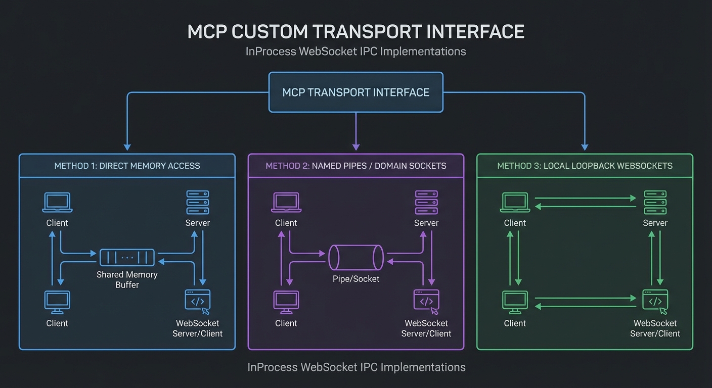 MCP custom transport interface diagram showing Transport interface implementations InProcess WebSocket IPC dark