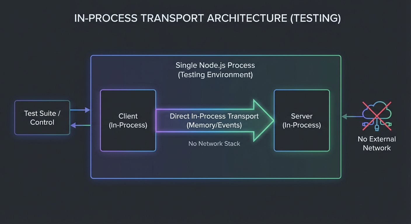 In-process transport diagram client and server connected directly in same process for testing no network dark