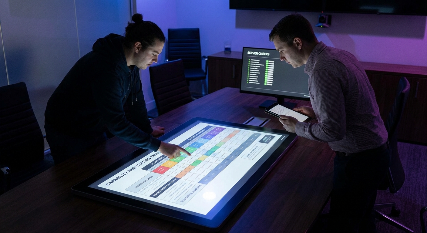 Capability negotiation table client declares capabilities server checks before using elicitation sampling roots dark