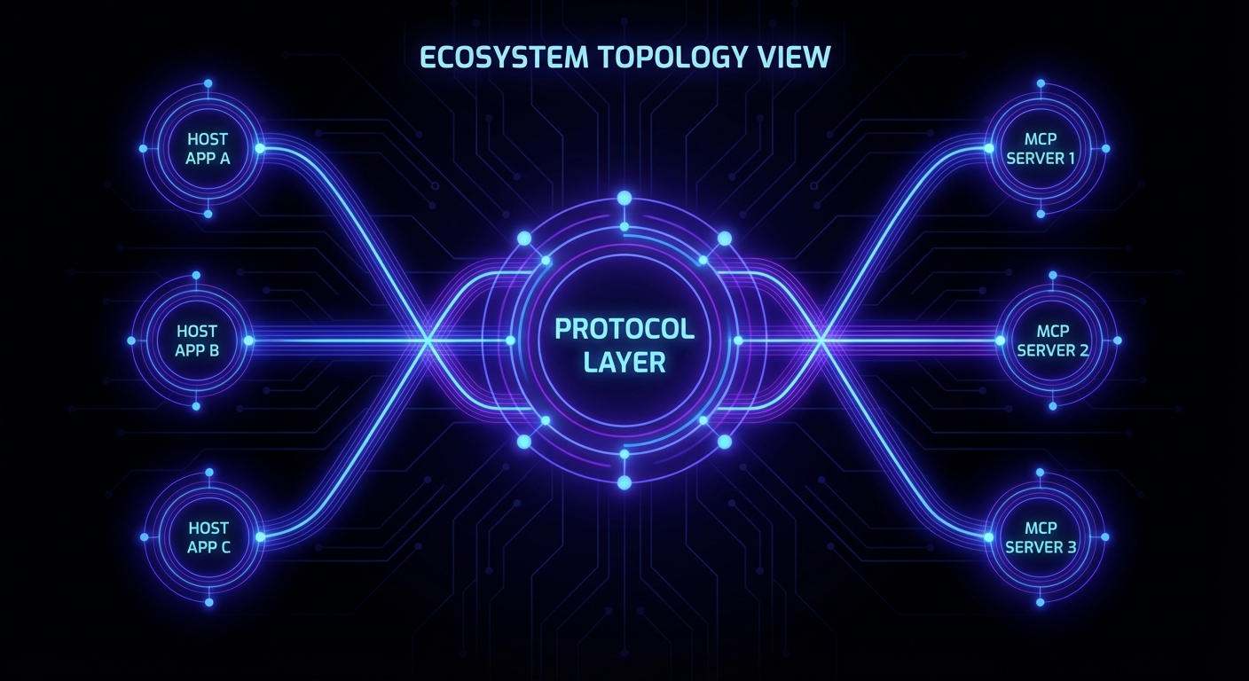 MCP ecosystem showing multiple hosts connecting to multiple servers - dark network diagram