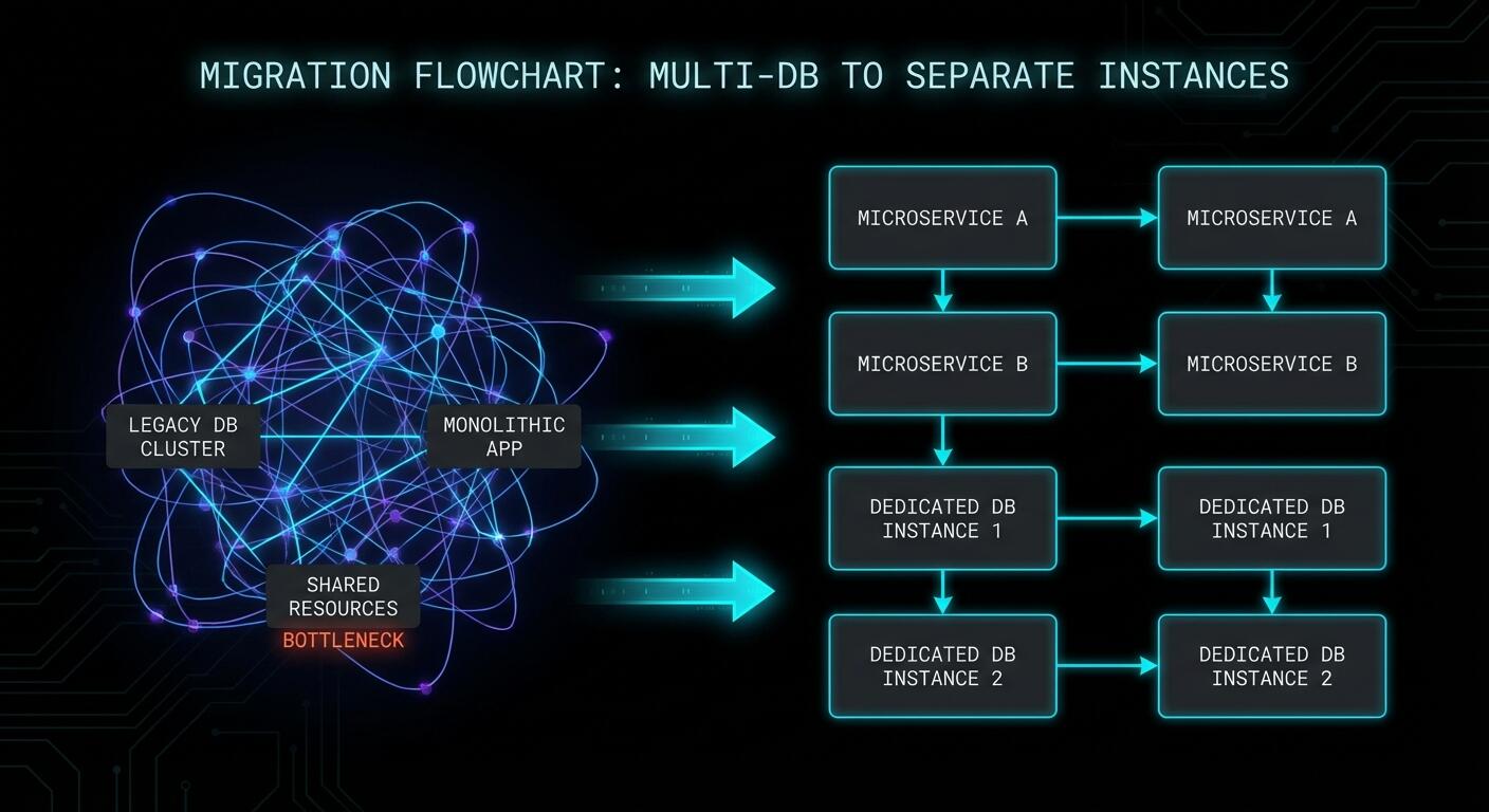 Dark flowchart showing step by step migration from multi-database Redis to separate instances