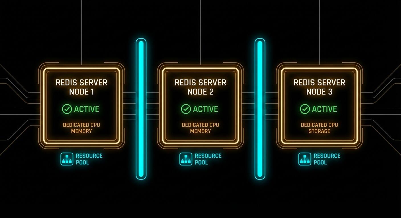 Dark architectural diagram showing three independent Redis instances with separate resources, configurations and isolation