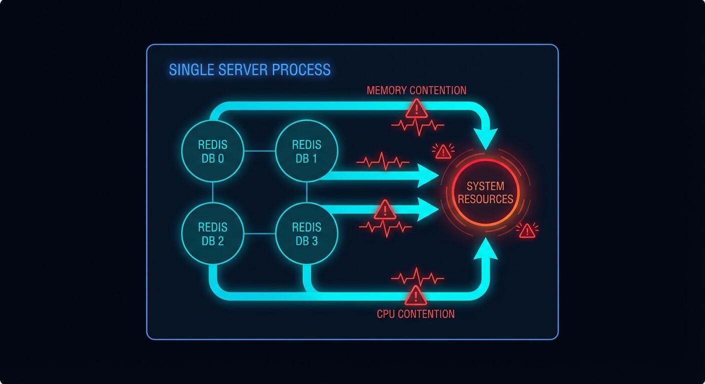 Dark diagram showing how Redis single-threaded commands and shared memory cause cross-database interference