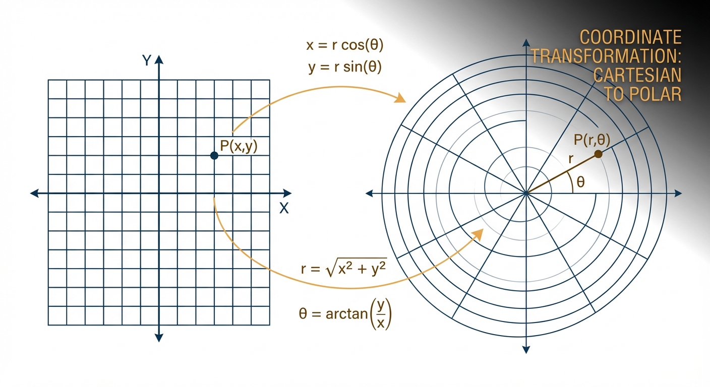Dark technical diagram showing Cartesian to polar coordinate transformation, amber vectors on deep blue grid, black background