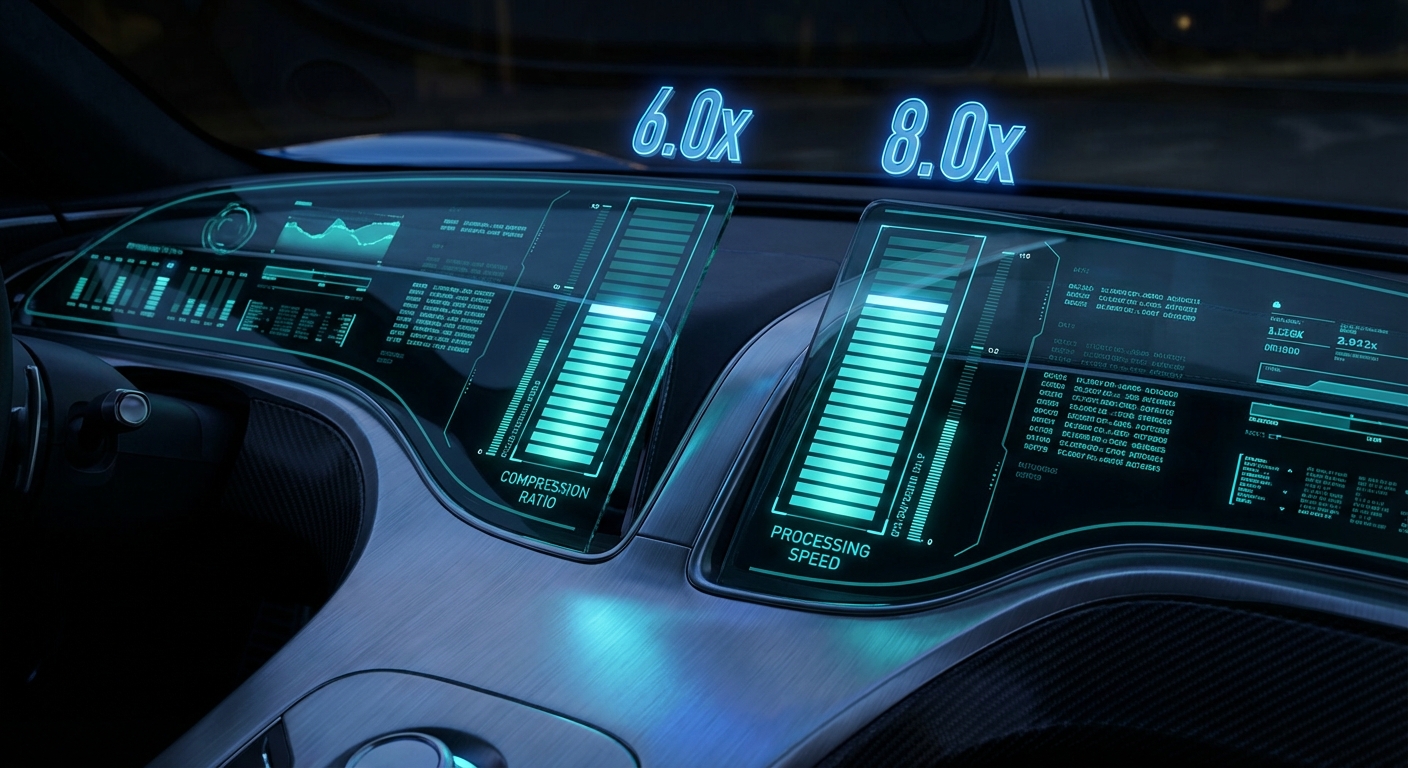 Dark performance chart showing compression ratios and speedup metrics, cyan bars on dark grid, minimal tech aesthetic on black