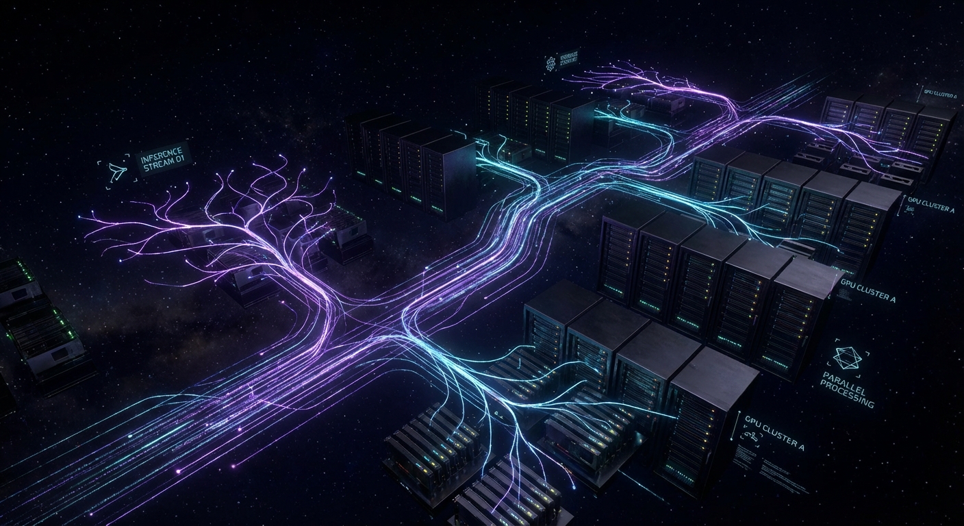 Dark futuristic visualization of AI agents running in parallel across GPU clusters, purple and cyan glow on black background