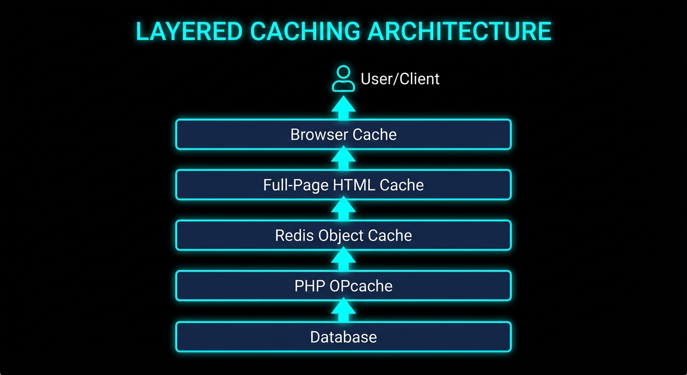 Layered caching architecture diagram: browser, full-page cache, Redis, OPcache, database