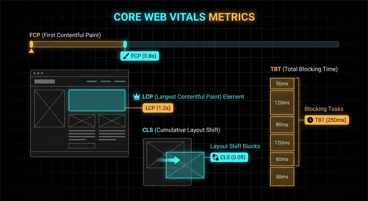 Core Web Vitals diagram showing FCP, LCP, TBT and CLS metrics