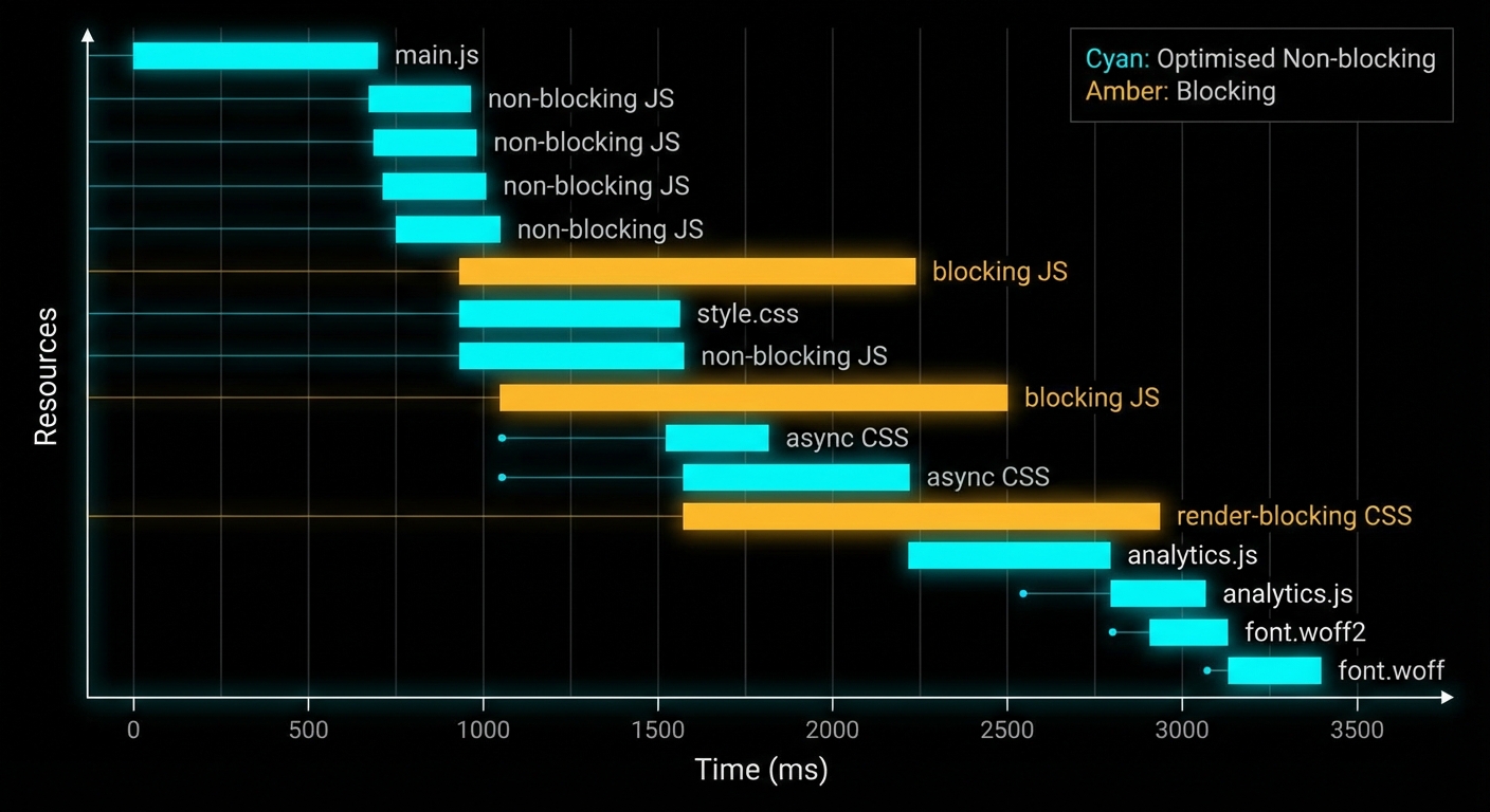 JavaScript loading waterfall showing blocking vs deferred scripts