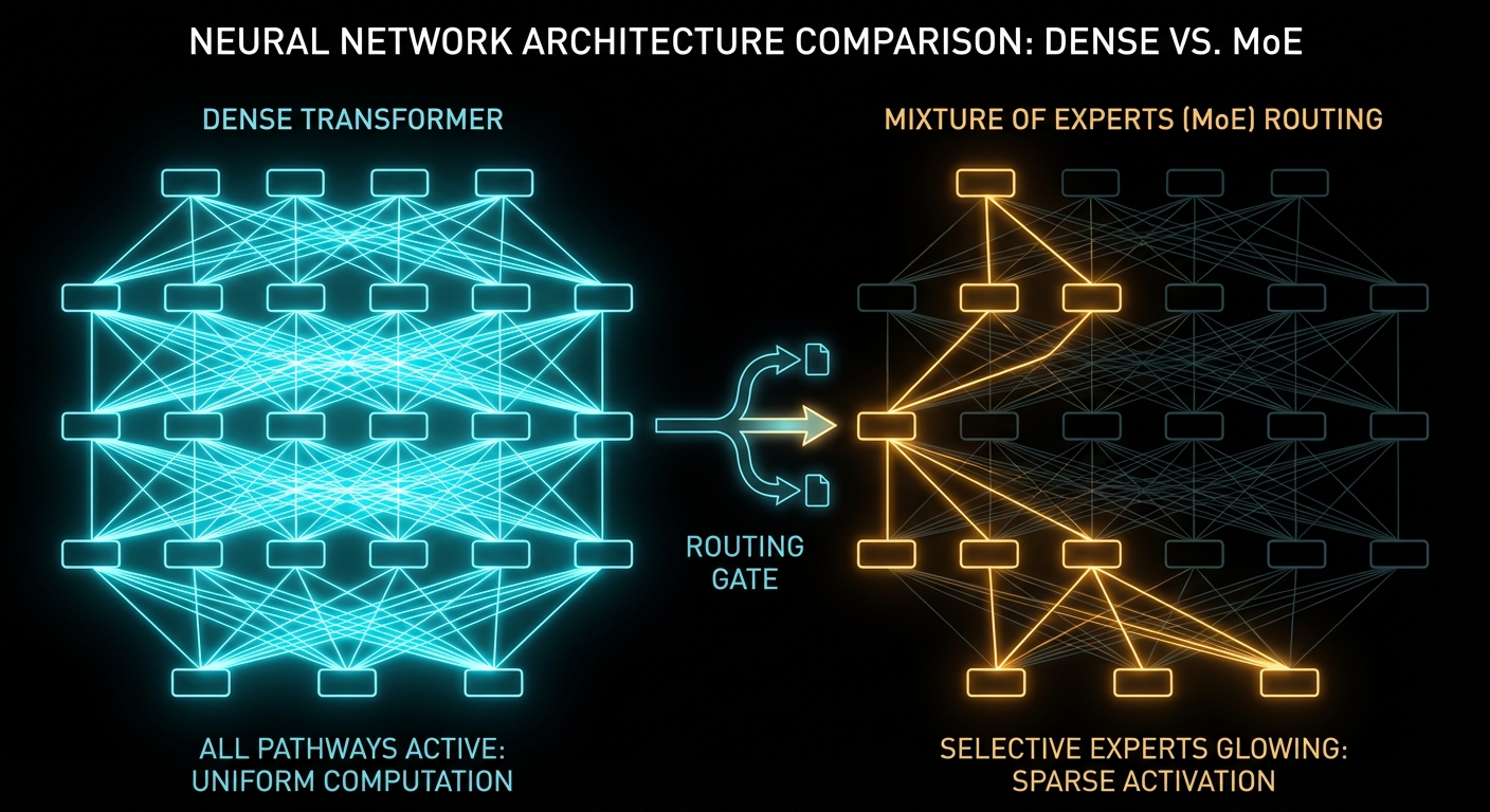 Dense vs MoE architecture comparison diagram, dark technical illustration