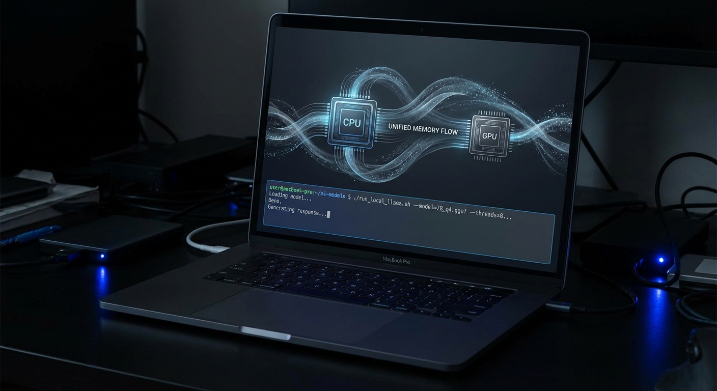 Mac running local AI model, dark technical setup