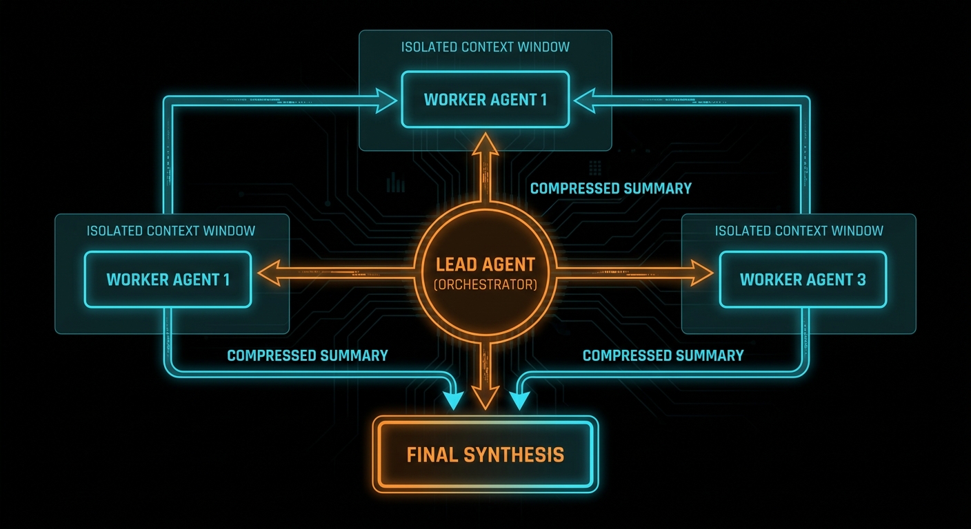 Orchestrator-worker swarm with lead agent spawning parallel workers that return summaries