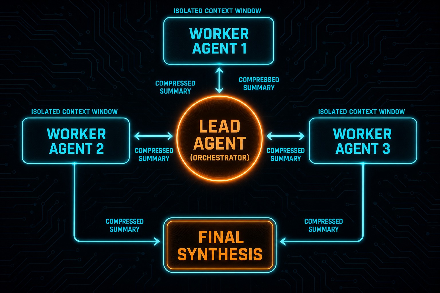 Orchestrator-worker swarm with lead agent spawning parallel workers that return summaries