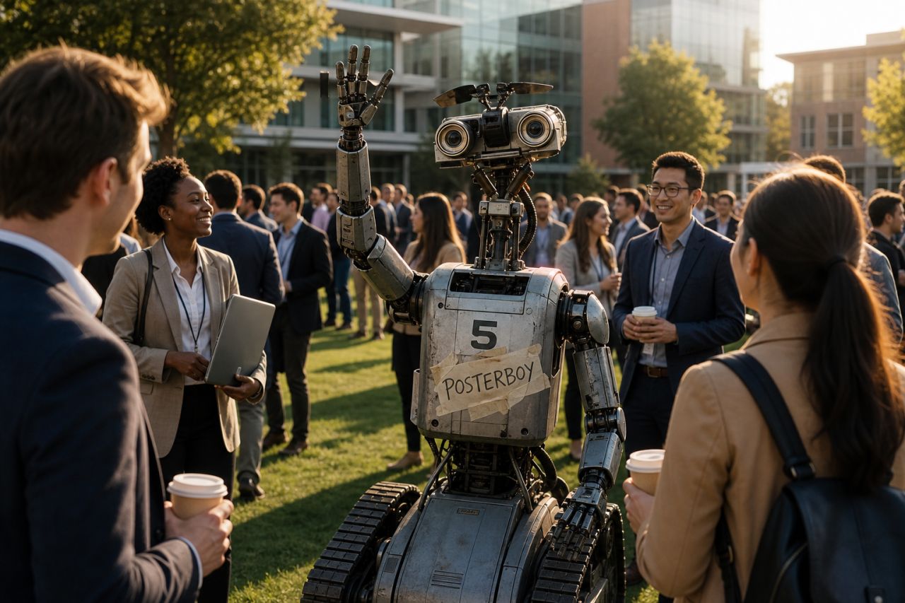 Posterboy robot at a corporate event, POSTERBOY taped on its chest, waving hello