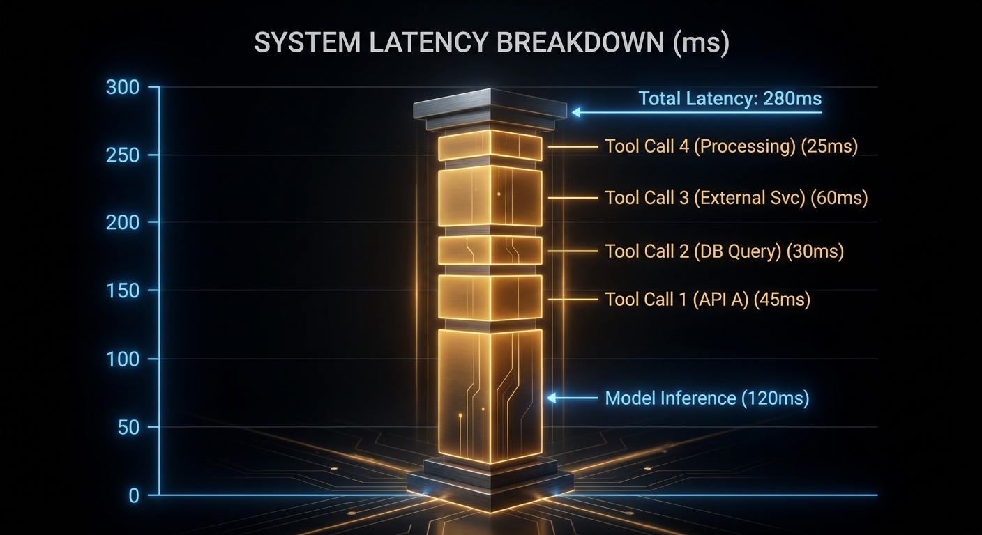Stacked latency from model inference plus sequential tool calls