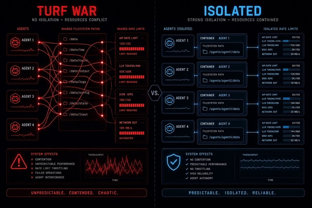 Split diagram contrasting turf war - shared resources, contention, chaos - against isolated agents with contained resources