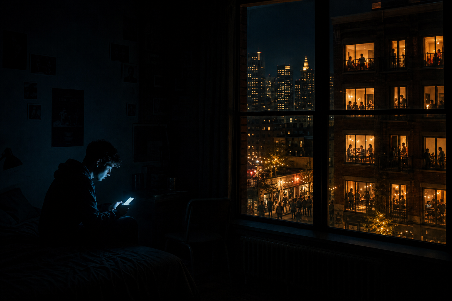 A person alone in a dark room lit only by a phone screen, while outside the window warm city life glows with human connection