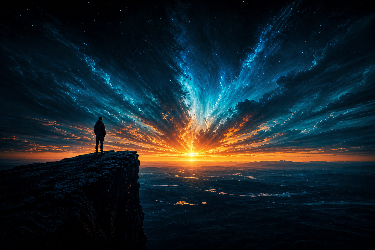 A lone figure standing at the edge of a cliff, looking at a vast glowing horizon