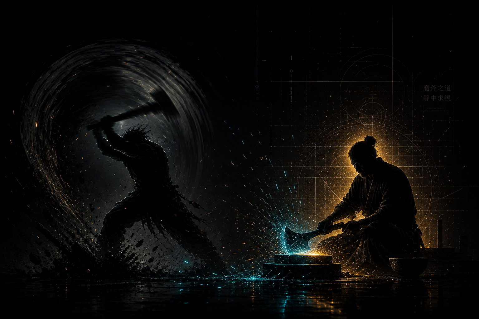 Two figures - one endlessly swinging an axe in exhaustion, one sitting still sharpening theirs with sparks flying