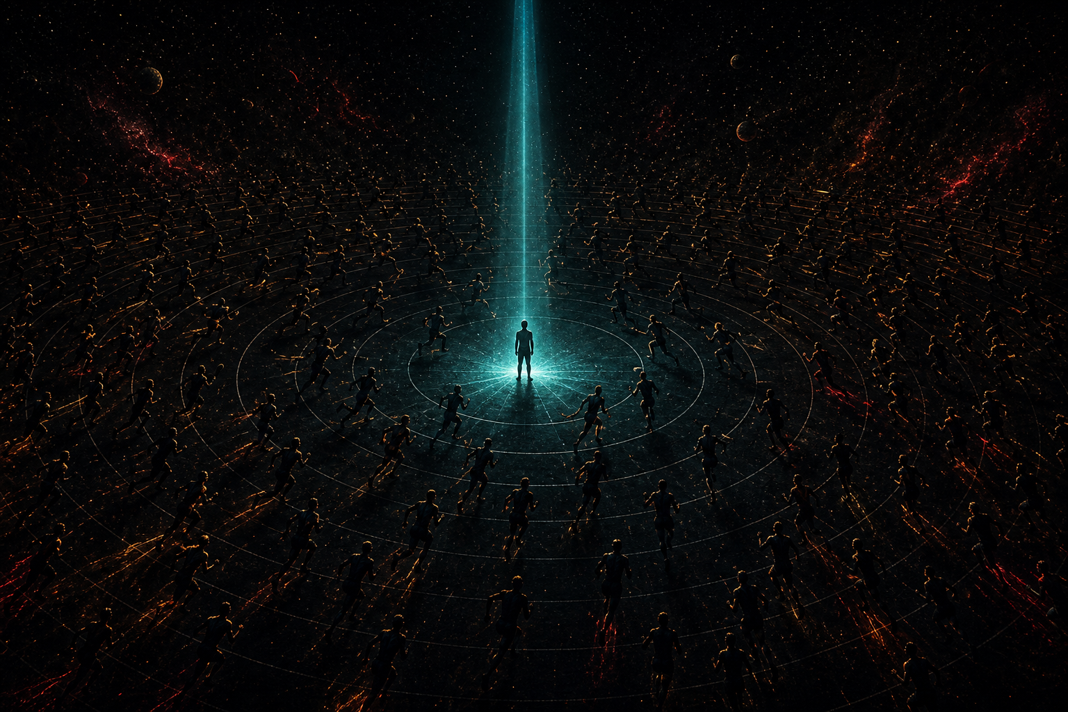 One still figure lit by a beam of cyan light standing calm in the centre of hundreds of runners scattered in every direction