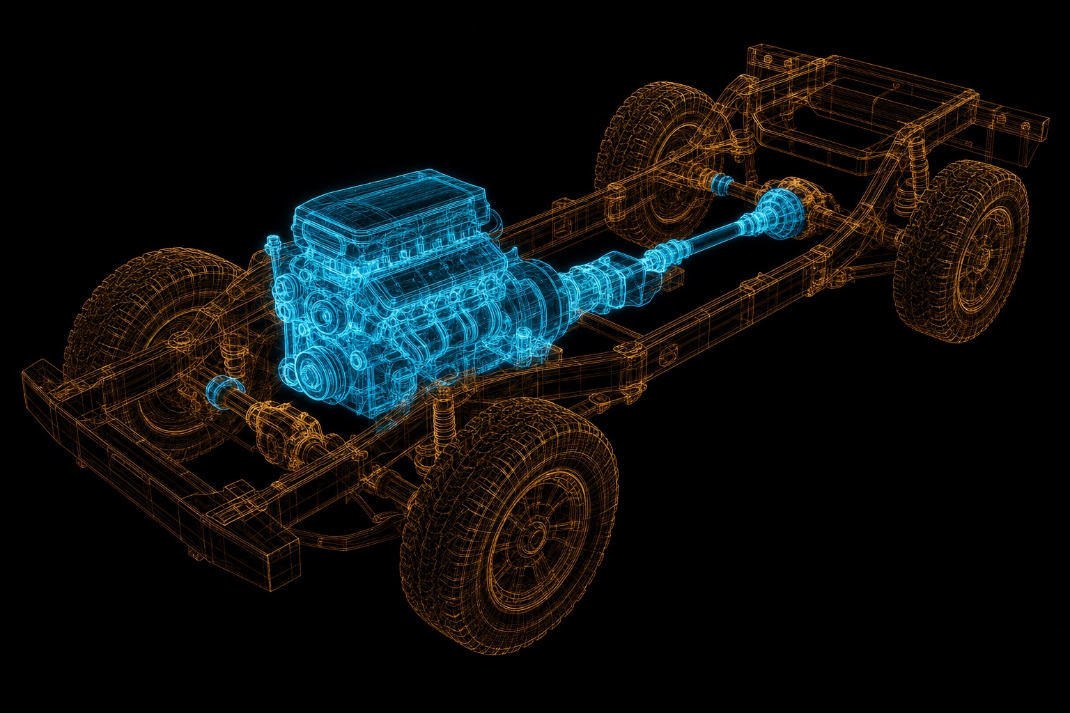 Abstract engine and vehicle metaphor rendered as glowing technical forms